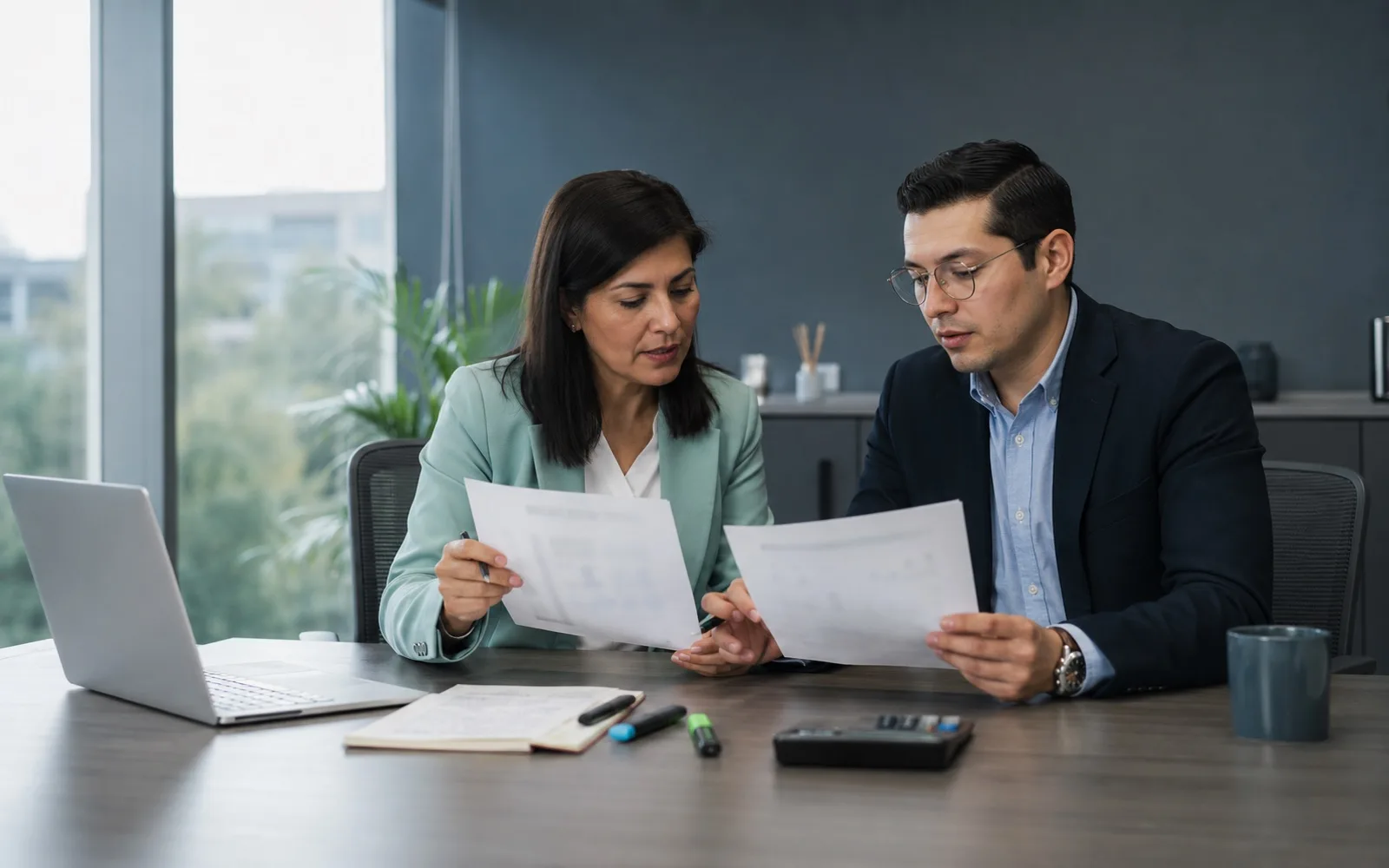 Gerente de Recursos Humanos y colega de finanzas comparan dos propuestas comerciales impresas en una oficina
