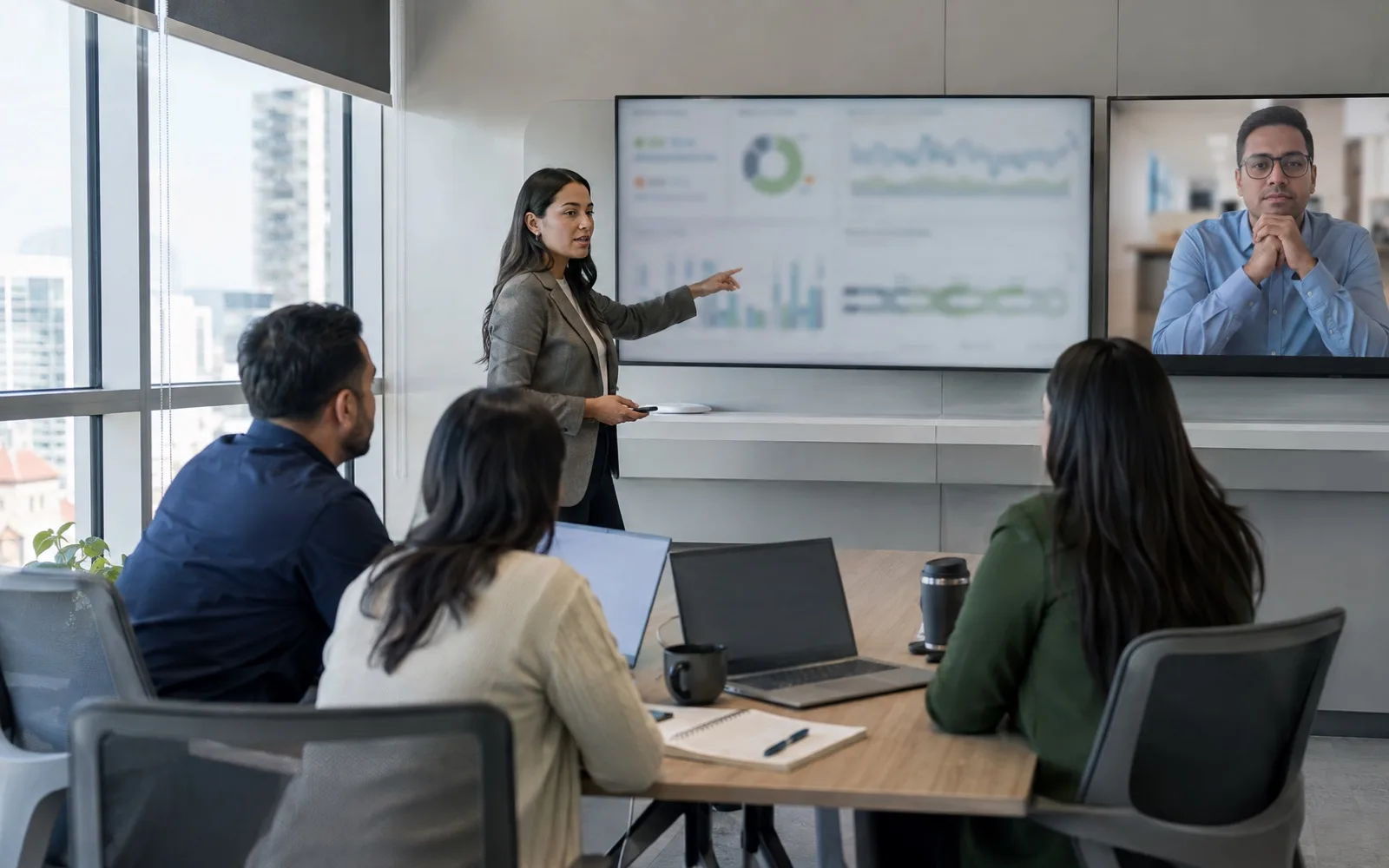 Líder de equipo revisando indicadores con su equipo híbrido en una oficina corporativa