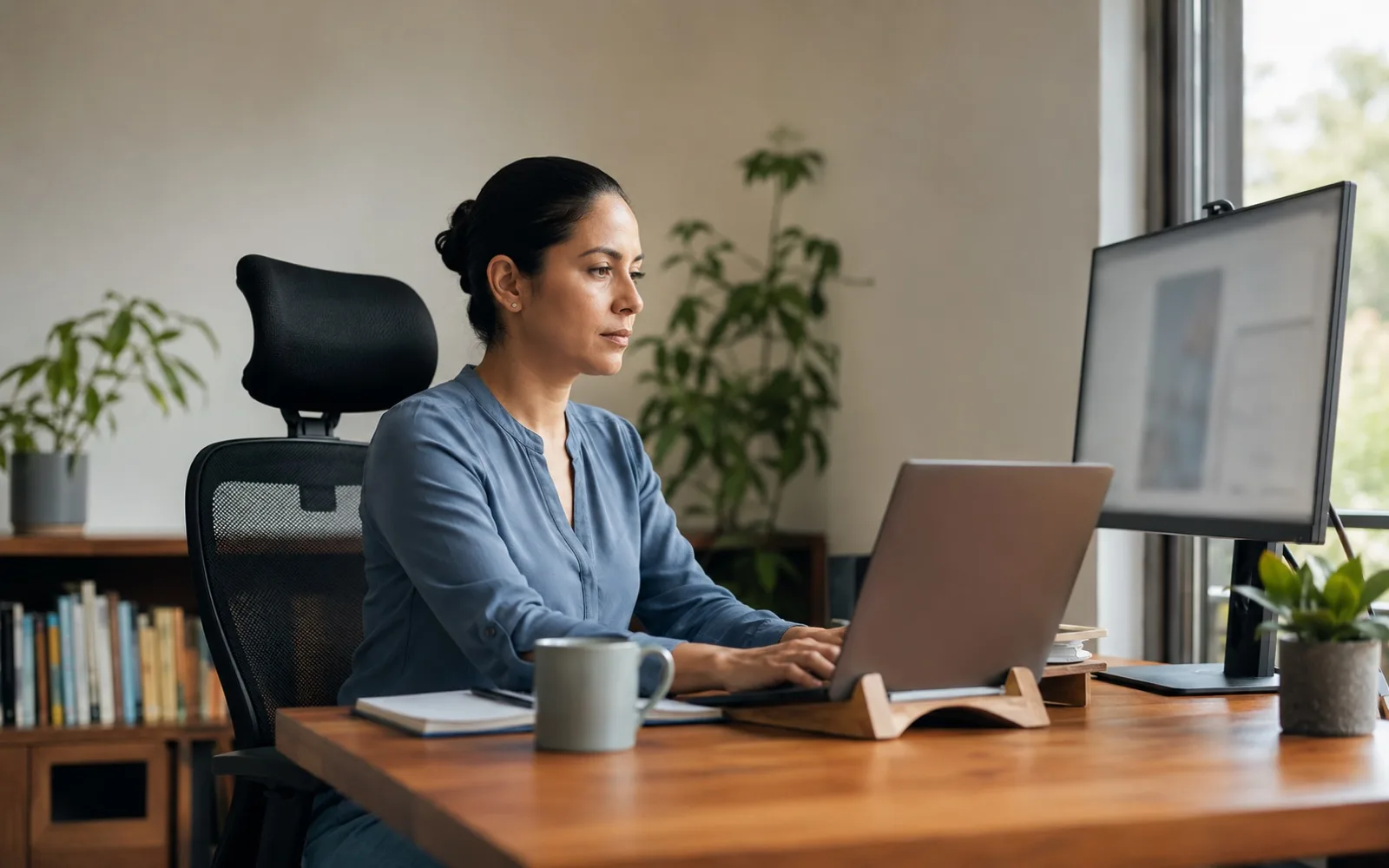 Persona trabajando desde su domicilio en un escritorio con silla ergonómica y buena iluminación, bajo la modalidad de teletrabajo